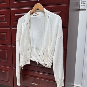 Marni Cream Frayed Hem Cardigan